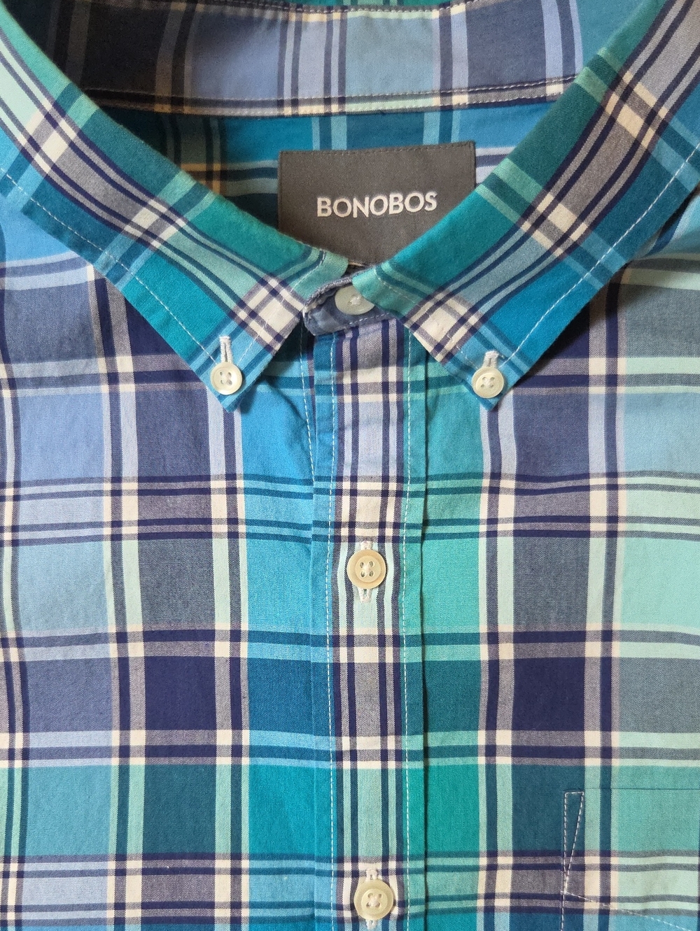 Bonobos Men's Plaid Button Down Casual Dress Shirt Blue Teal Checked XL Slim Fit